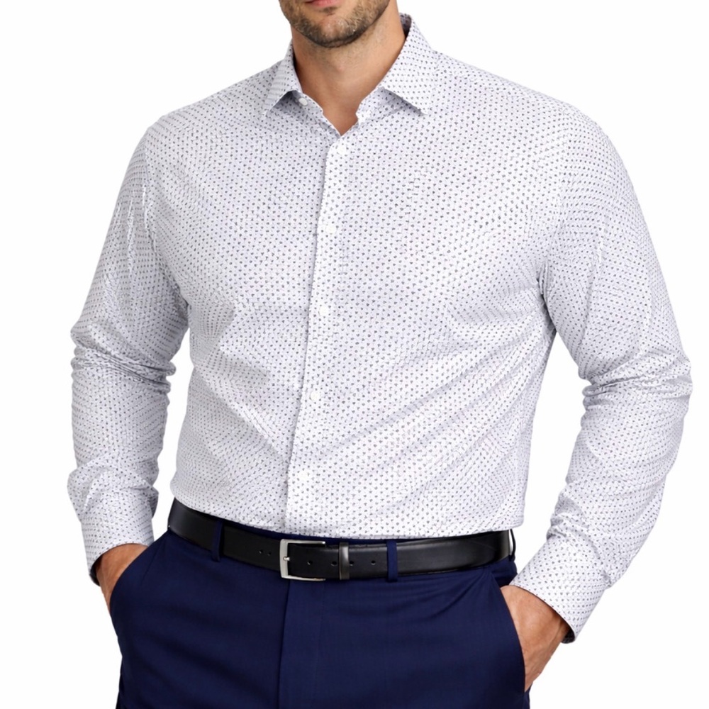 Tom Baine men’s XXL Slim Fit Stretch Button-Up Shirt White Black Polka Dot(A266)